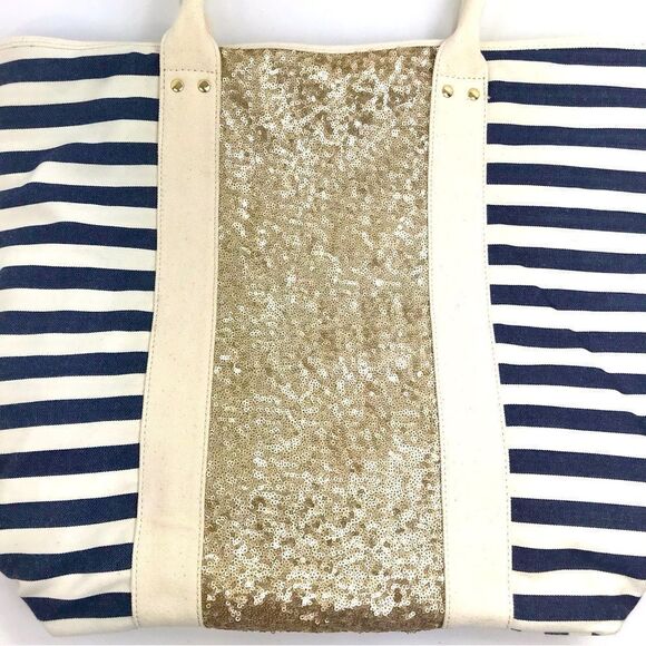 Deux Lux X Everything But Water Navy Blue Gold Sequin Nautical Canvas Tote Bag - Picture 7 of 16